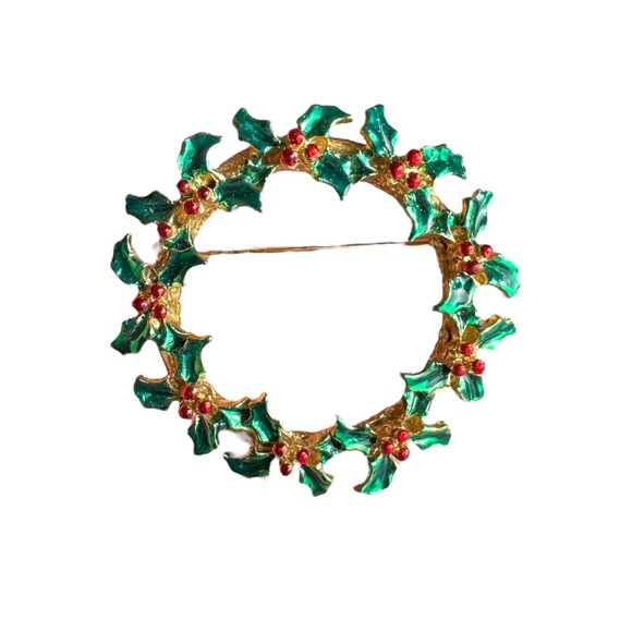 Vintage Holly Wreath Christmas Brooch Pin - Picture 1 of 2